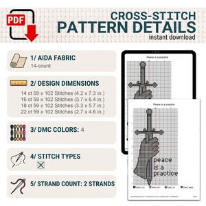 K&ouml;nnte beinhalten: Ein digitales Kreuzstichmuster mit dem Titel Peace is a practice, das eine Hand mit einem Schwert zeigt. Details umfassen 14-Count Aida-Stoff, Designma&szlig;e von 10,7 x 18,5 cm bis 6,9 x 11,7 cm, 4 DMC-Farben, Kreuzsticharten und 2 F&auml;den.