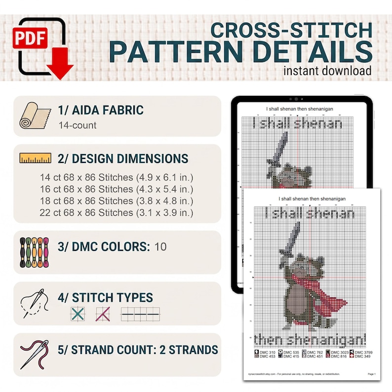 Pu&ograve; includere: Uno schema digitale a punto croce con un procione che impugna una spada e il testo I shall shenan then shenanigan. Il documento elenca tela Aida 14, dimensioni del disegno in pollici per vari conteggi, 10 colori DMC, tipi di punto e 2 fili.