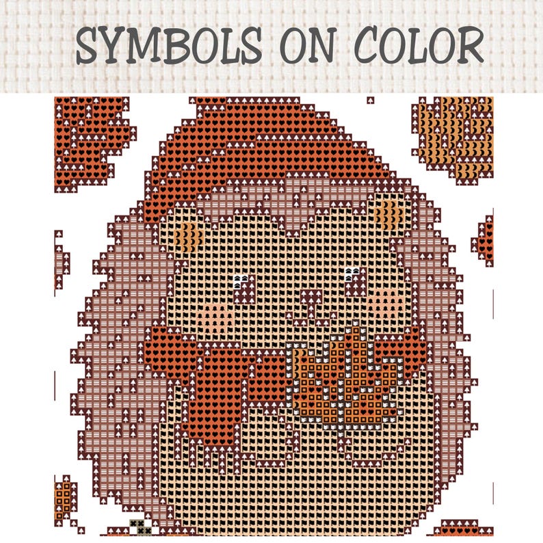 K&ouml;nnte beinhalten: Eine Kreuzstichvorlage mit dem Titel SYMBOLS ON COLOR, die einen Igel mit einem Blatt zeigt. Das Muster verwendet verschiedene geometrische Symbole in Braun-, Orange- und Cremet&ouml;nen, um die zu verwendenden Garnfarben f&uuml;r das Sticken anzugeben.