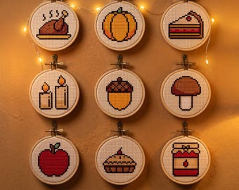 Thanksgiving-Stickmuster-PDF, Truthahn-Kreuzstich, Kürbiskuchen-Kreuzstich, Herbsternte-Symbole, Herbst-Kreuzstichmuster-Sammlung
