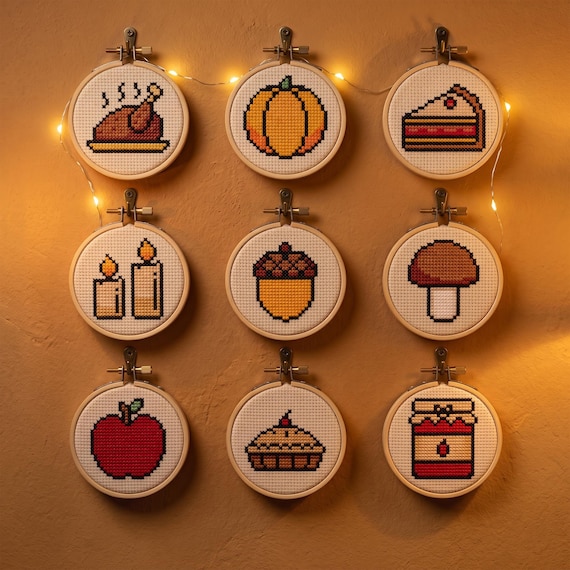 Thanksgiving Sampler PDF, Turkey Cross Stitch, Pumpkin Pie Xstitch, Fall Harvest Icons, Autumn Xstitch Pattern Keeper
