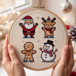 May include: A circular wooden embroidery hoop containing a cross-stitch pattern on beige fabric. The design features four pixel-art style Christmas characters: a Santa Claus, a reindeer, a gingerbread person, and a snowman, all arranged in a grid.