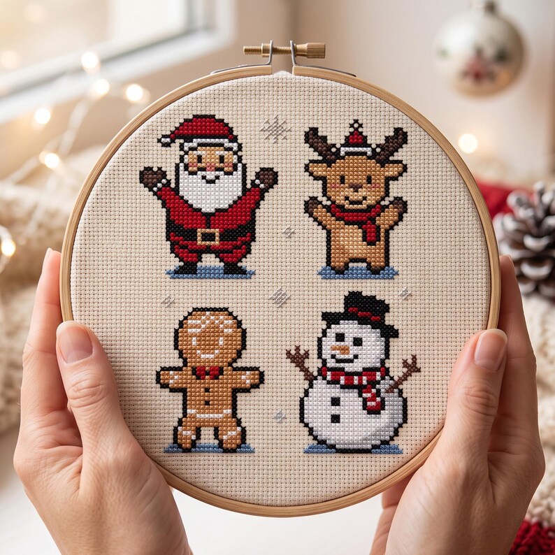 May include: A circular wooden embroidery hoop containing a cross-stitch pattern on beige fabric. The design features four pixel-art style Christmas characters: a Santa Claus, a reindeer, a gingerbread person, and a snowman, all arranged in a grid.