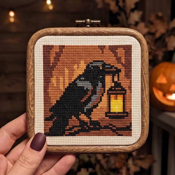 Raven Cross Stitch Pattern, Gothic Crow Needlepoint Chart, Instant Download