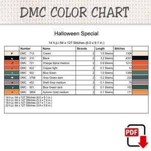 May include: A DMC color chart for a Halloween Special cross-stitch pattern. The table lists thread numbers, names, strand counts, skein lengths, and stitch counts for colors including cream, black, orange, copper, blue-green, and grey-green.