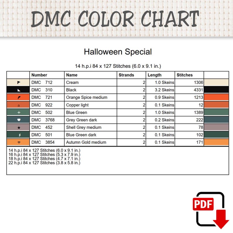 May include: A DMC color chart for a Halloween Special cross-stitch pattern. The table lists thread numbers, names, strand counts, skein lengths, and stitch counts for colors including cream, black, orange, copper, blue-green, and grey-green.