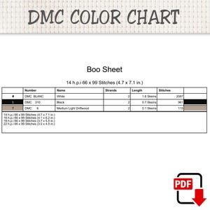 Op de afbeelding: Een DMC-kleurenkaart voor een kruissteekpatroon genaamd Boo Sheet. De tabel bevat DMC Blanc, 310 en 6 met draadaantallen, lengtes in strengen en totaal aantal steken. De afmetingen voor 14, 16, 18 en 22 h.p.i. staan vermeld in inches.