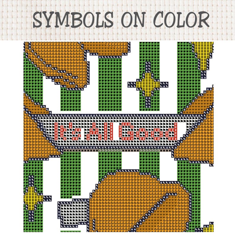 May include: A cross-stitch pattern chart titled SYMBOLS ON COLOR featuring a green striped background with orange shapes, yellow star-like symbols, and a central banner containing the red text It's All Good, all composed of grid-based symbols.