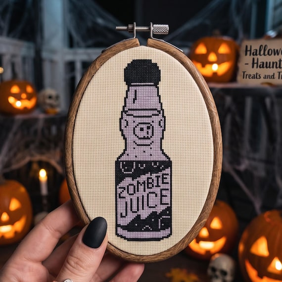 Zombie Juice Bottle Cross Stitch Pattern, Spooky Halloween Soda Needlepoint Chart, Instant Download