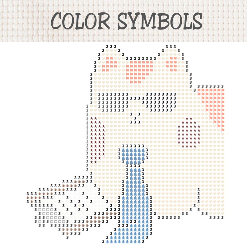 May include: A cross-stitch pattern chart titled COLOR SYMBOLS featuring a grid of light-colored squares marked with the number 3. The design includes symbols for a blue tie, brown coffee mugs, dark stars, and pink flags on a white background.