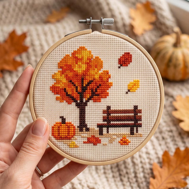 May include: A circular wooden embroidery hoop containing a cross-stitch design on cream fabric. The pattern features a tree with orange and yellow leaves, a brown park bench, a small orange pumpkin, and scattered fallen leaves in autumn colors.