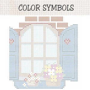 Peut inclure: Un diagramme de point de croix intitul&eacute; COLOR SYMBOLS pr&eacute;sentant une grille repr&eacute;sentant une fen&ecirc;tre avec des volets bleus et un arrangement floral. Le motif utilise divers symboles et lettres pour indiquer les couleurs &agrave; broder.