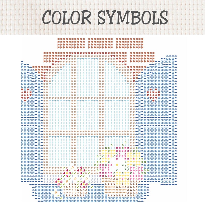 Peut inclure: Un diagramme de point de croix intitul&eacute; COLOR SYMBOLS pr&eacute;sentant une grille repr&eacute;sentant une fen&ecirc;tre avec des volets bleus et un arrangement floral. Le motif utilise divers symboles et lettres pour indiquer les couleurs &agrave; broder.