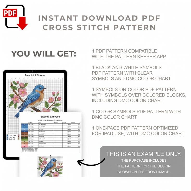 May include: An instant download PDF cross stitch pattern titled Bluebird & Blooms. The digital file includes a pattern compatible with the Pattern Keeper app, black-and-white symbols, symbols-on-color, color symbols, and a one-page version for iPad.