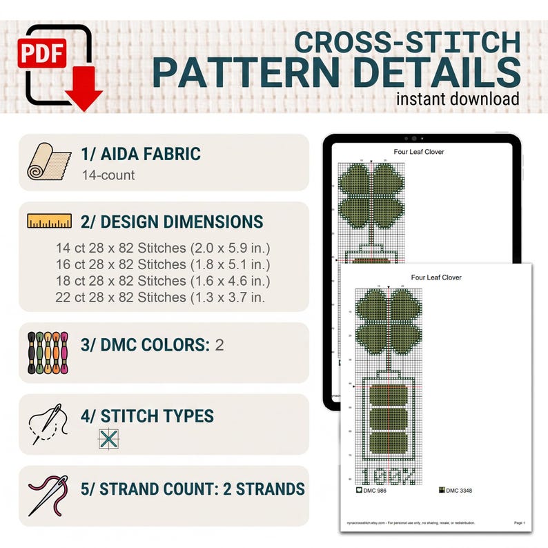 May include: A digital cross-stitch pattern titled Four Leaf Clover, featuring a green clover design on a grid. Details include 14-count Aida fabric, design dimensions in inches for various counts, 2 DMC colors, cross-stitch types, and 2 strands.
