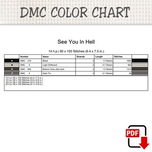 May include: A DMC color chart for a cross-stitch pattern titled See You In Hell. The table lists thread numbers 310, 5, 844, and 4 with their corresponding names, strand counts, skein lengths, and stitch counts for 14 h.p.i. fabric measuring 6.4 x 7.5 inches.