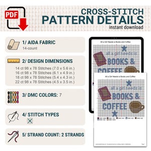 May include: A digital cross-stitch pattern titled All a Girl Needs is Books and Coffee, featuring a grid design with a book, a coffee mug, and stars. The document lists 14-count Aida fabric, 7 DMC colors, 2 strands, and design dimensions in inches.