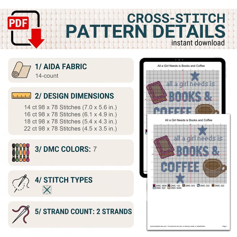 May include: A digital cross-stitch pattern titled All a Girl Needs is Books and Coffee, featuring a grid design with a book, a coffee mug, and stars. The document lists 14-count Aida fabric, 7 DMC colors, 2 strands, and design dimensions in inches.