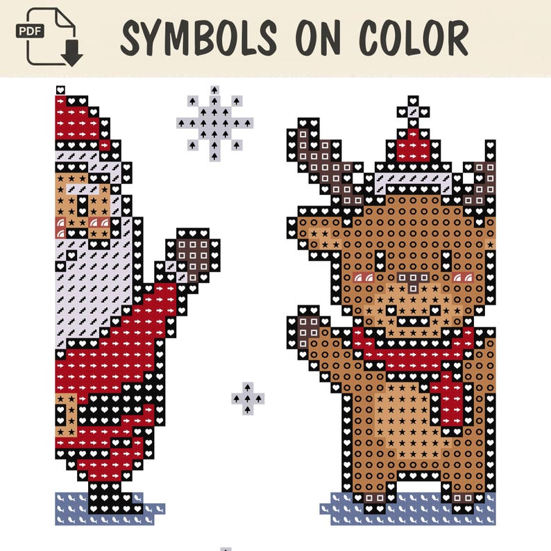 May include: A cross-stitch pattern titled SYMBOLS ON COLOR featuring a half-profile of Santa Claus in red and white, and a full-body reindeer wearing a red scarf and hat. The design uses grid-based symbols on coloured squares for embroidery.