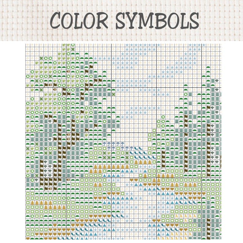 May include: A cross-stitch pattern chart titled COLOR SYMBOLS featuring a grid of various geometric icons in shades of green, blue, brown, and yellow. The design depicts a landscape with trees and a central path, using symbols to represent colors.