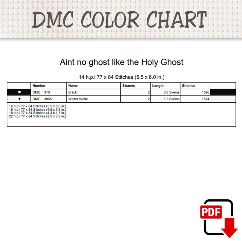 May include: A DMC colour chart for a cross-stitch pattern titled Aint no ghost like the Holy Ghost. The table lists DMC 310 Black and DMC 3865 Winter White with thread requirements, stitch counts, and dimensions for 14, 16, 18, and 22 count fabric.