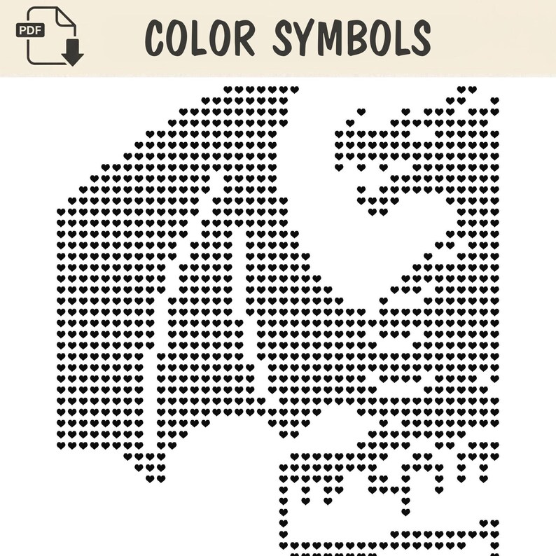 Peut inclure: Un motif num&eacute;rique intitul&eacute; COLOR SYMBOLS repr&eacute;sentant la silhouette d'un dragon compos&eacute;e enti&egrave;rement de petites ic&ocirc;nes de c&oelig;urs noirs. Le design est dispos&eacute; sur un fond blanc avec une ic&ocirc;ne de t&eacute;l&eacute;chargement PDF en haut &agrave; gauche.