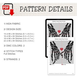 K&ouml;nnte beinhalten: Ein digitales PDF-Kreuzstichmuster mit dem Titel Skeleton Hands Pinky Promise. Das Design zeigt zwei schwarze Skeletth&auml;nde, die sich an den kleinen Fingern halten, mit einem roten Herz dazwischen. Enth&auml;lt Angaben f&uuml;r 14, 16, 18 und 22 Karat Aida-Stoff.