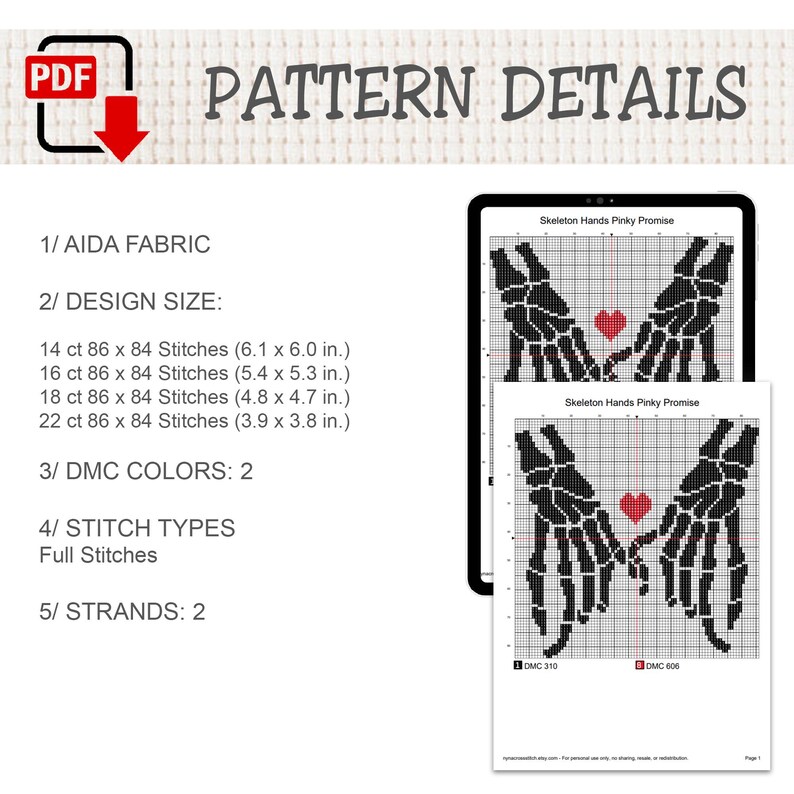 K&ouml;nnte beinhalten: Ein digitales PDF-Kreuzstichmuster mit dem Titel Skeleton Hands Pinky Promise. Das Design zeigt zwei schwarze Skeletth&auml;nde, die sich an den kleinen Fingern halten, mit einem roten Herz dazwischen. Enth&auml;lt Angaben f&uuml;r 14, 16, 18 und 22 Karat Aida-Stoff.