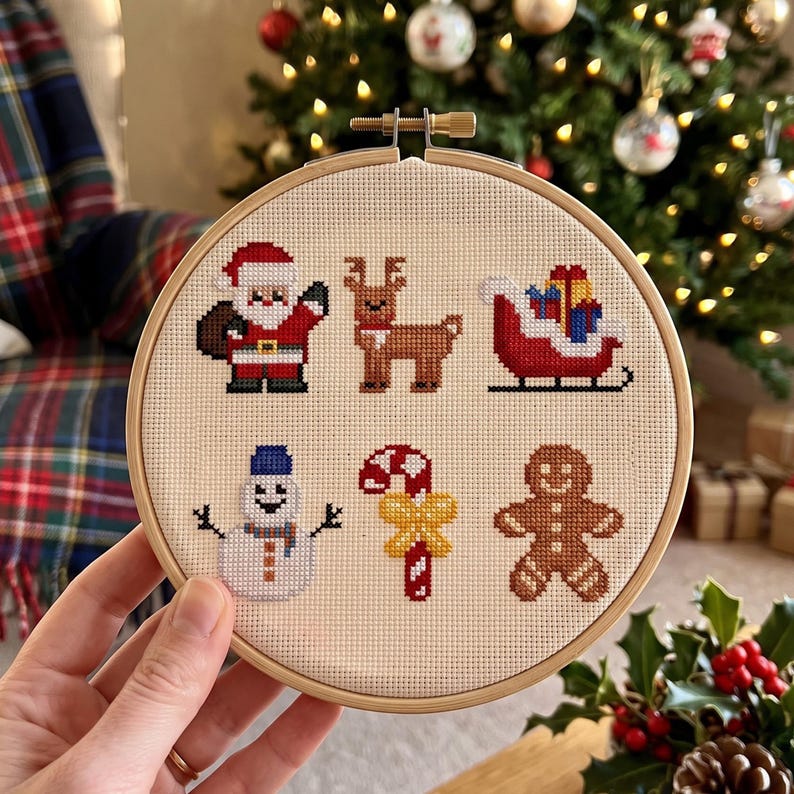 Pu&ograve; includere: Un telaio da ricamo circolare in legno contenente un pezzo di tessuto Aida beige con sei icone natalizie ricamate a punto croce: Babbo Natale, una renna marrone, una slitta rossa con regali, un pupazzo di neve, un bastoncino di zucchero e un omino di pan di zenzero.