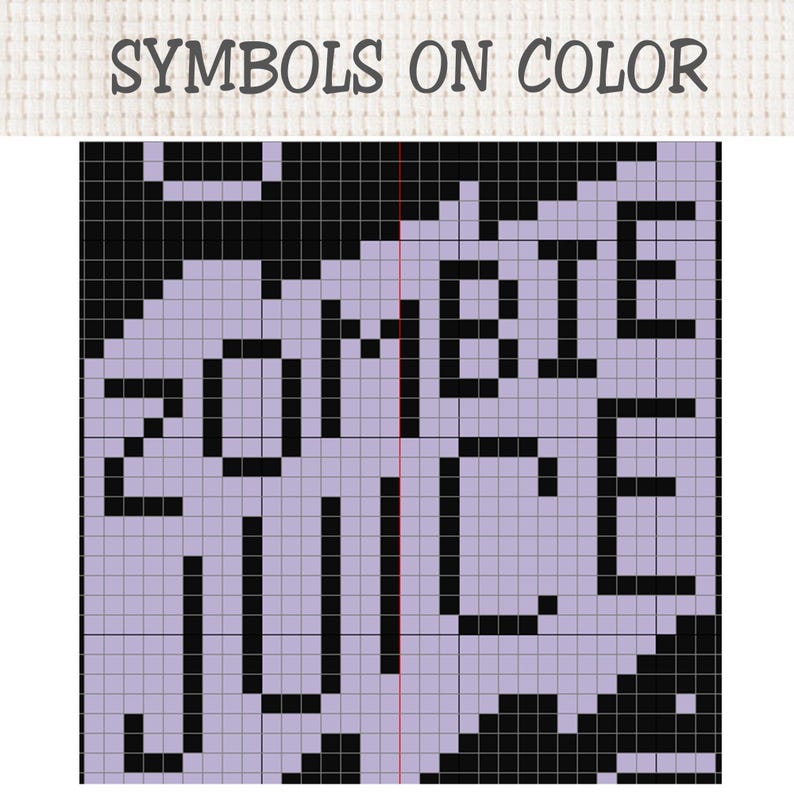 K&ouml;nnte beinhalten: Ein Kreuzstichmuster-Diagramm mit einem Raster aus schwarzen und hellvioletten Quadraten. Der Text ZOMBIE JUICE ist in einer fetten, blockartigen Pixel-Schrift dargestellt. Oben im Bild steht der Text SYMBOLS ON COLOR auf wei&szlig;em Grund.