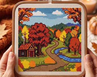 Cozy Autumn Cabin Cross Stitch Pattern | Fall Landscape Embroidery | Modern Nature Needlepoint Chart | Instant Digital Download