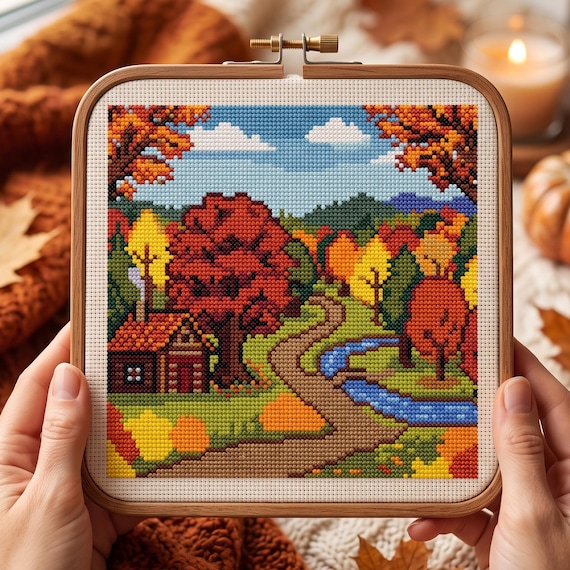 Cozy Autumn Cabin Cross Stitch Pattern | Fall Landscape Embroidery | Modern Nature Needlepoint Chart | Instant Digital Download