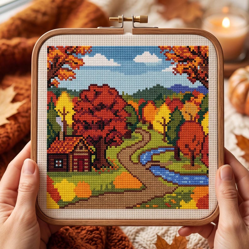 May include: A square wooden embroidery hoop containing a cross-stitch pattern of an autumn landscape. The scene features a small cabin, a winding dirt path, a blue stream, and trees with red, orange, and yellow foliage under a blue sky.