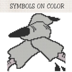 May include: A cross-stitch pattern chart titled SYMBOLS ON COLOUR featuring a black and white graphic of a bird silhouette. The design is composed of a grid filled with repeating numbers 1 and 3, indicating specific thread colours for stitching.