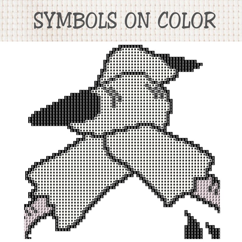 May include: A cross-stitch pattern chart titled SYMBOLS ON COLOUR featuring a black and white graphic of a bird silhouette. The design is composed of a grid filled with repeating numbers 1 and 3, indicating specific thread colours for stitching.