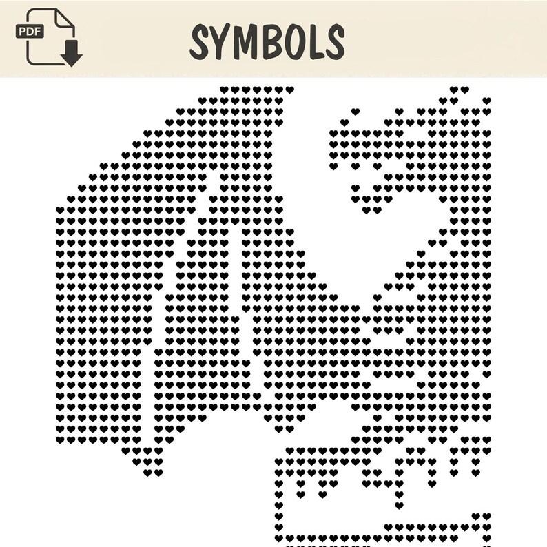 Peut inclure: Un mod&egrave;le PDF num&eacute;rique intitul&eacute; SYMBOLS pr&eacute;sentant un graphique en noir et blanc d'une silhouette de dragon compos&eacute;e enti&egrave;rement de petits c&oelig;urs r&eacute;p&eacute;t&eacute;s. Le design montre le dragon de profil avec les ailes d&eacute;ploy&eacute;es, dans un style pix&eacute;lis&eacute;.