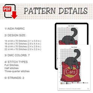 K&ouml;nnte beinhalten: Ein digitales Kreuzstichmuster mit dem Titel Cats Snack, das eine schwarze Katze in einer roten T&uuml;te zeigt. Details umfassen Aida-Stoff, 7 DMC-Farben und Sticharten. Die Designgr&ouml;&szlig;en sind f&uuml;r 14, 16, 18 und 22 Count Stoff in Zoll angegeben.