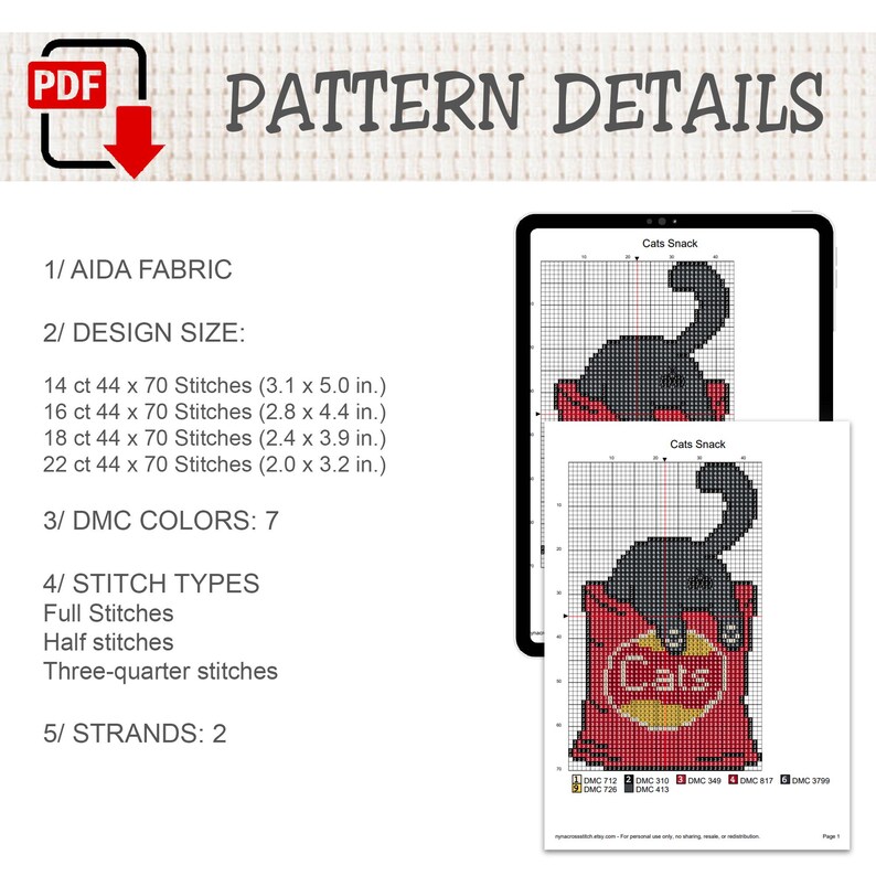K&ouml;nnte beinhalten: Ein digitales Kreuzstichmuster mit dem Titel Cats Snack, das eine schwarze Katze in einer roten T&uuml;te zeigt. Details umfassen Aida-Stoff, 7 DMC-Farben und Sticharten. Die Designgr&ouml;&szlig;en sind f&uuml;r 14, 16, 18 und 22 Count Stoff in Zoll angegeben.