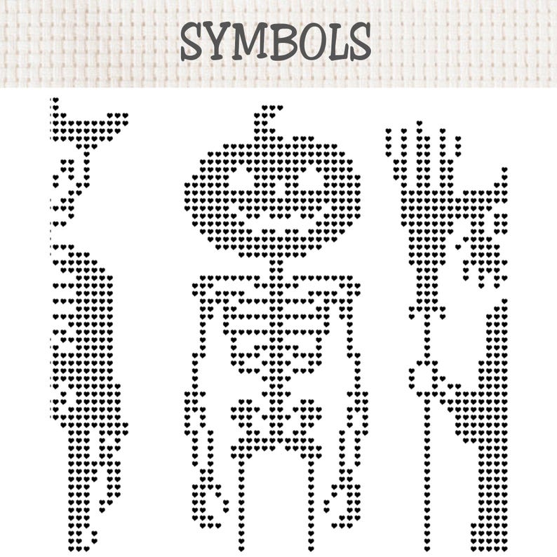 K&ouml;nnte beinhalten: Ein Kreuzstichmuster mit der &Uuml;berschrift SYMBOLS, das drei schwarze Motive aus winzigen Herzformen zeigt. Die Motive umfassen eine vertikale Katze, ein zentrales Skelett mit K&uuml;rbiskopf und einen Besenstiel, der von einer Hand rechts gehalten wird.
