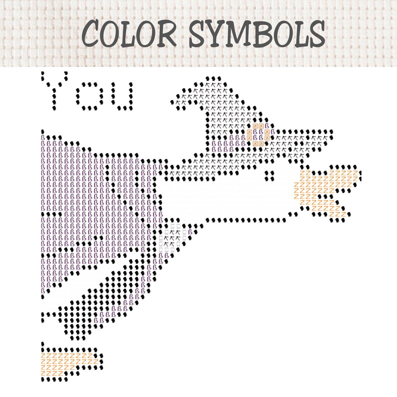 Op de afbeelding: Een kruissteekpatroon met de titel COLOR SYMBOLS, voorzien van het woord You en het silhouet van een heks. Het ontwerp gebruikt zwarte, paarse en beige symbolen op een wit raster om de kleuren van het borduurgaren aan te duiden.