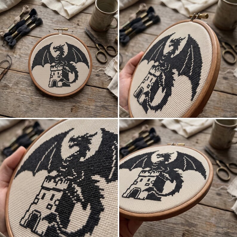 Peut inclure: Un tambour &agrave; broder circulaire en bois contenant un ouvrage au point de croix sur un tissu couleur cr&egrave;me. Le motif repr&eacute;sente la silhouette noire d'un dragon perch&eacute; au sommet d'une tour en pierre. La broderie est tendue dans le cadre.