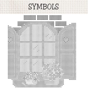 Peut inclure: Un diagramme de point de croix intitul&eacute; SYMBOLS, pr&eacute;sentant une grille d'ic&ocirc;nes noires sur fond blanc. Le motif comprend diverses formes comme des c&oelig;urs, des drapeaux, des carr&eacute;s, des lettres et des fl&egrave;ches dispos&eacute;es en rang&eacute;es.