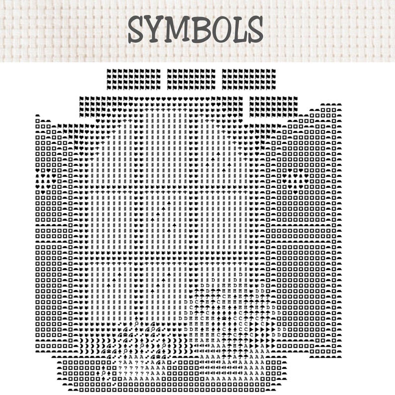 Peut inclure: Un diagramme de point de croix intitul&eacute; SYMBOLS, pr&eacute;sentant une grille d'ic&ocirc;nes noires sur fond blanc. Le motif comprend diverses formes comme des c&oelig;urs, des drapeaux, des carr&eacute;s, des lettres et des fl&egrave;ches dispos&eacute;es en rang&eacute;es.