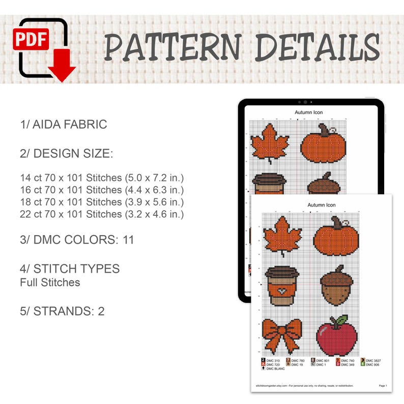 Autumn Mini Cross Stitch Pattern, Fall Motifs Embroidery, Pumpkin Coffee Apple Acorn Leaf PDF Download image 3