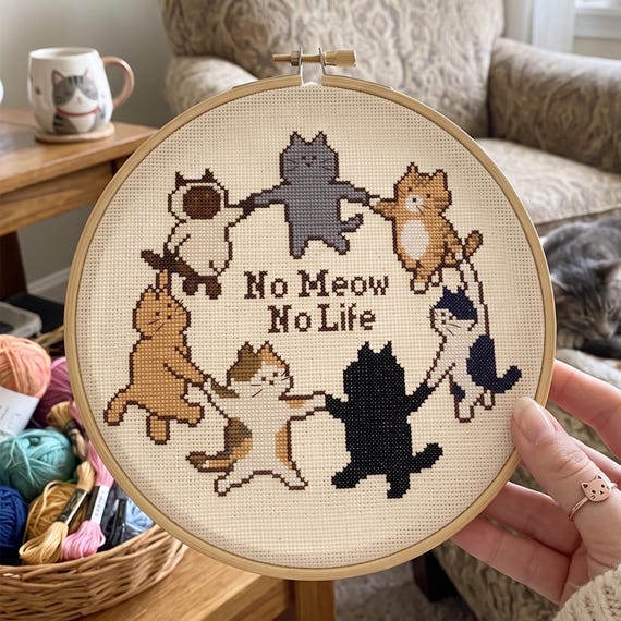 Cat Cross Stitch Pattern, No Meow No Life Needlepoint, Cute Cats Circle Hand Embroidery, PDF Digital Download