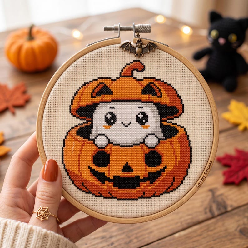 May include: A circular wooden embroidery hoop containing a cross-stitch pattern of a white ghost peeking out from inside an orange jack-o'-lantern pumpkin. A small metal bat charm is attached to the top screw. The text Spooky Stitches is visible.