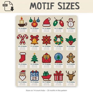 Pode incluir: Uma folha de padr&atilde;o PDF digital intitulada MOTIF SIZES apresentando vinte designs de Natal em pixel art, incluindo uma vela, ornamentos, gorro de Pai Natal, luzes, boneco de neve, bengalas doces, sino, poins&eacute;tia, coroa, azevinho, meia, &aacute;rvore, envelope, globo de neve, boneco de gengibre, rosto de Pai Natal, calend&aacute;rio, tren&oacute;, presente e rena.