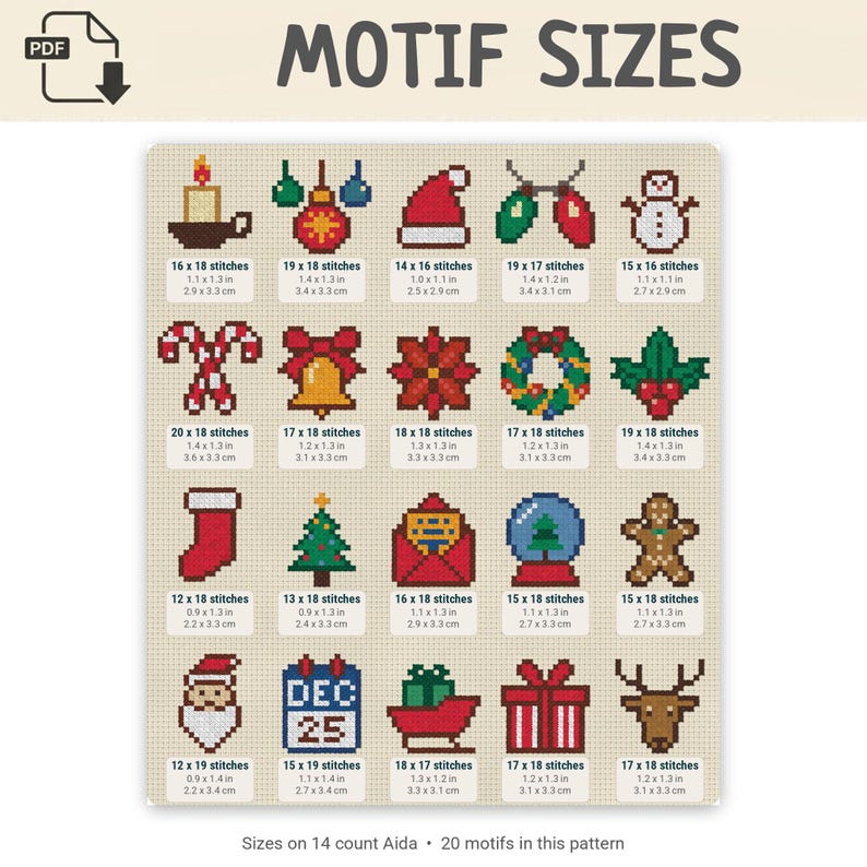 Pode incluir: Uma folha de padr&atilde;o PDF digital intitulada MOTIF SIZES apresentando vinte designs de Natal em pixel art, incluindo uma vela, ornamentos, gorro de Pai Natal, luzes, boneco de neve, bengalas doces, sino, poins&eacute;tia, coroa, azevinho, meia, &aacute;rvore, envelope, globo de neve, boneco de gengibre, rosto de Pai Natal, calend&aacute;rio, tren&oacute;, presente e rena.