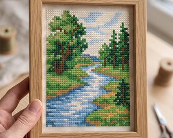 Mini Forest River Landscape Cross Stitch Pattern, Nature Trees Stream Needlepoint Chart, Scenic Outdoor Countryside Craft Digital Download