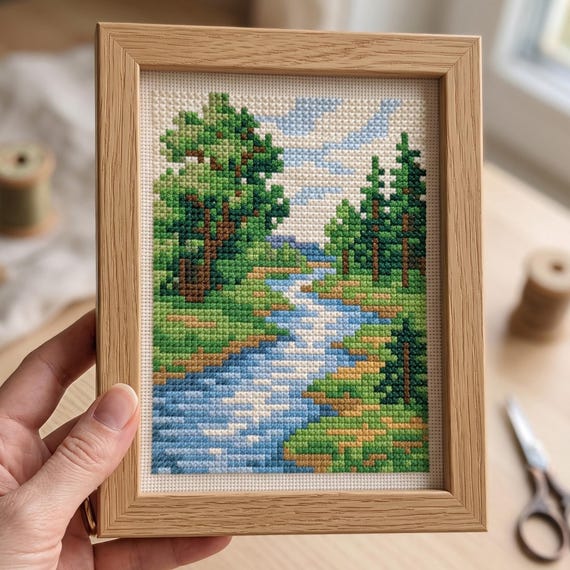 Mini Forest River Landscape Cross Stitch Pattern, Nature Trees Stream Needlepoint Chart, Scenic Outdoor Countryside Craft Digital Download